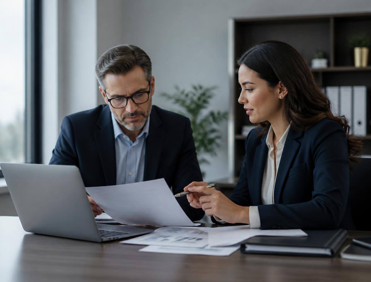 Two professionals reviewing security policy documentation together